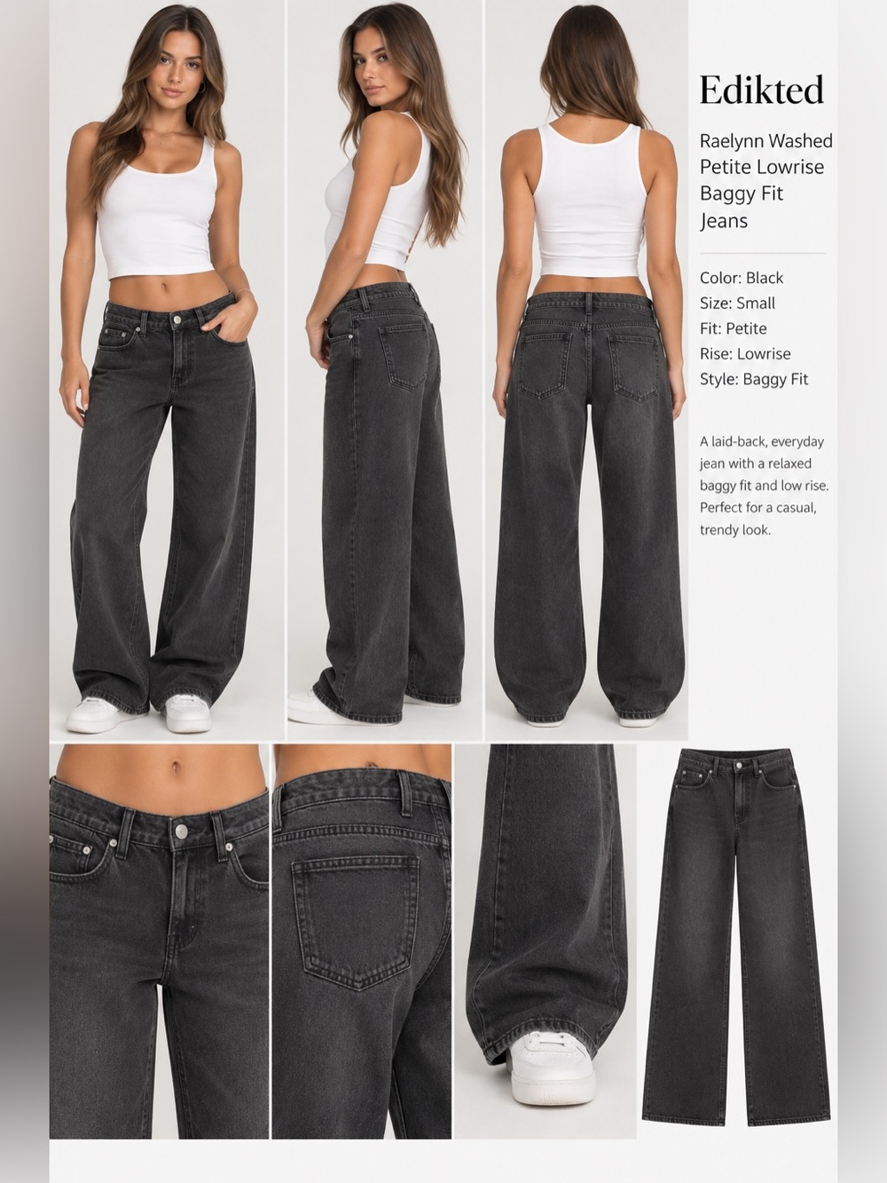 Edikted jeans size small petite Raelynn Lowrise Baggy Fit Black washed New